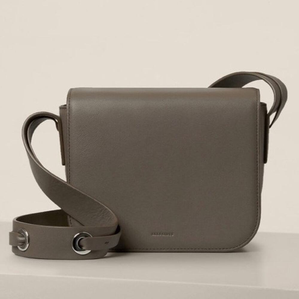 AllSaints Ikuya Crossbody bag Beige Grey Leather Purse Bag Shoulder Silver Tone